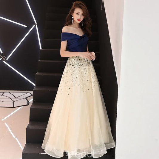 Elegant Champagne Prom Dresses A-Line / Princess Sequins Off-The-Shoulder  cg9316