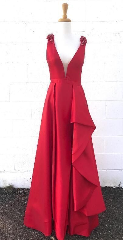 Charming V neck Red Satin Evening Dress, A Line Floor Length Prom Dress   cg9321