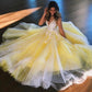 Yellow Prom Dress,Tulle Prom Gown,V-Neck Evening Dress,Appliques Prom Gown  cg9332