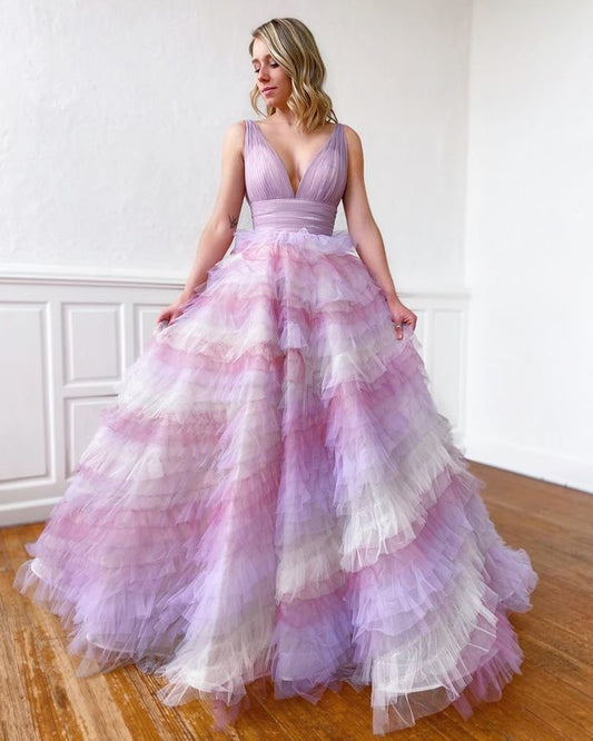 Colorful Prom Dress,Tulle Prom Gown,V-Neck Evening Dress,Pleat Prom Gown   cg9336
