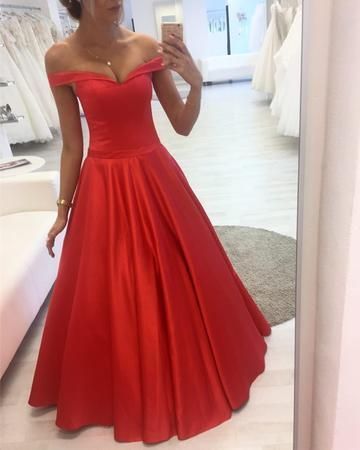 Off-Shoulder Satin V-neck Floor Length Prom Dresses Ball Gowns  cg9346