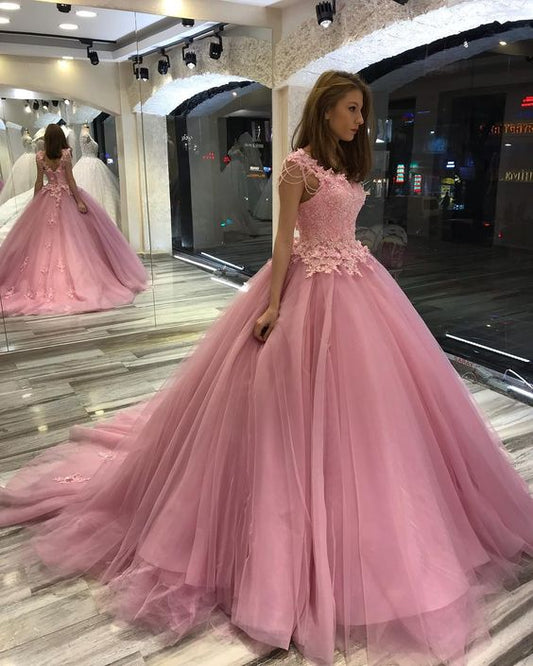 Pink Ball Gown Wedding Dress Lace Appliques Beaded Brdial Gowns prom dress  cg9349