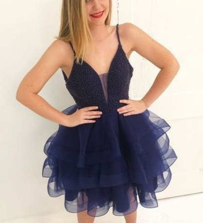 Beautiful short dress homecoming dress, beaded navy blue dress homecoming dress cg935