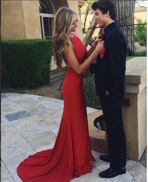 Two Pieces Prom Dress Red Satin Long 2 Pieces Prom Dresses Formal Dress cg941