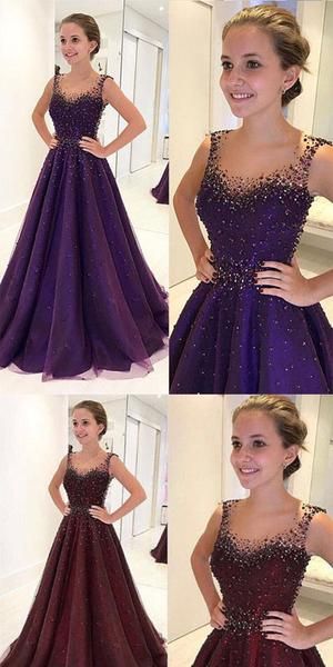 2019 Sparkly Burgundy Round Neck Tulle Beads Long Prom,Evening Dress cg950