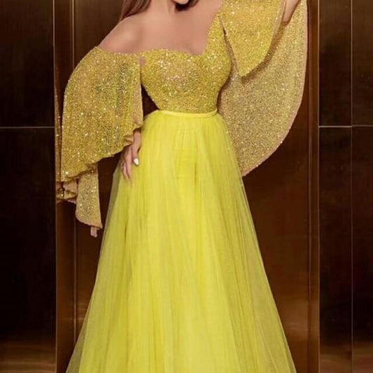 yellow prom dresses 2020 sweetheart neckline a line tulle floor length beaded evening dresses sparkly formal dresses  cg9651